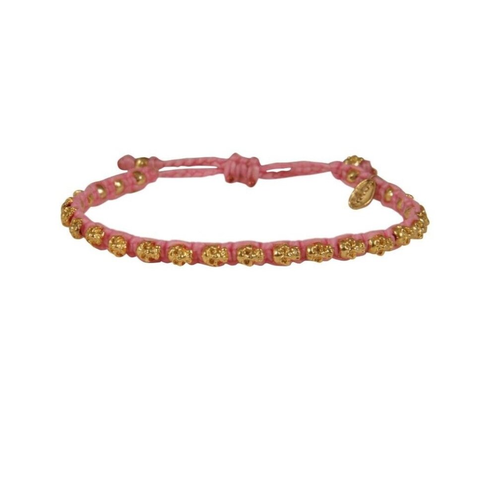 M Cohen By Maor Pink Gold Skulls Tassel Cuff Pull Strap Skeleton Bracelet